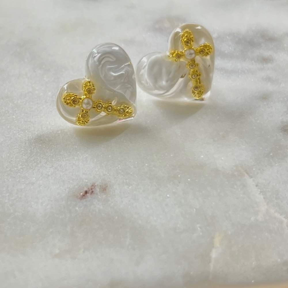 Heart Shaped White and Gold Cross Earrings - Picture 2 of 9